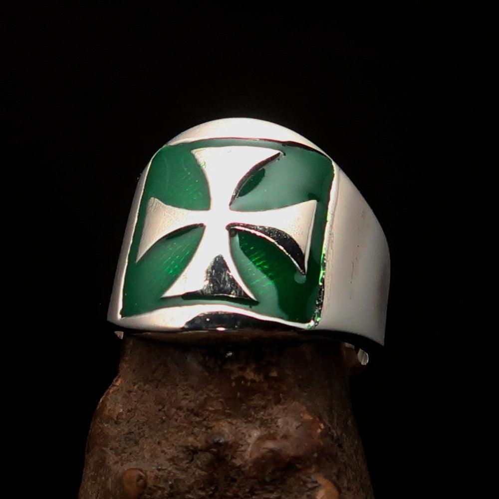 Excellent crafted Men's green Iron Cross Biker Ring - Sterling Silver - BikeRing4u