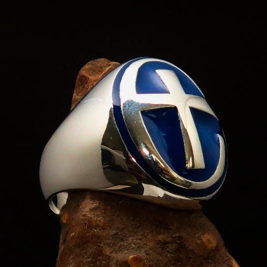 Excellent crafted Men's Ring modern blue Christian Cross - Sterling Silver - BikeRing4u