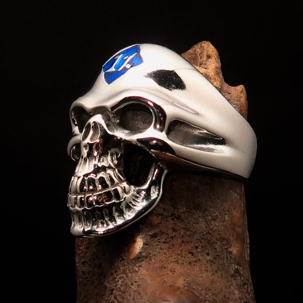 Mirror polished Men's Outlaw Biker Ring blue 1% Skull - Sterling Silver - BikeRing4u