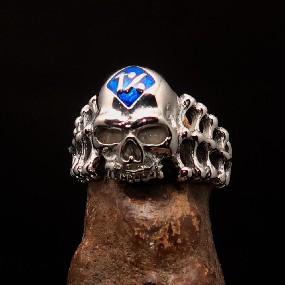 Excellent crafted Men's blue 1% Outlaw Biker Skull and Bones Ring - Sterling Silver - BikeRing4u