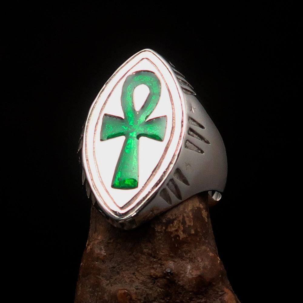 Green marquise shaped Egyptian Ankh Cross Men's Ring - Sterling Silver - BikeRing4u