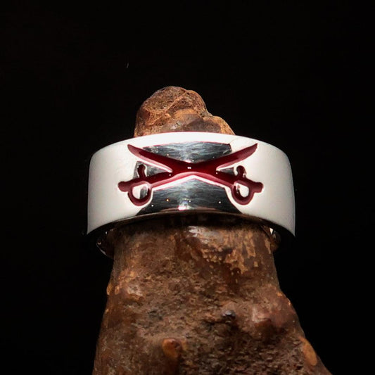 Excellent crafted Men's Cavalry Ring red Crossed Sabers - Sterling Silver - BikeRing4u