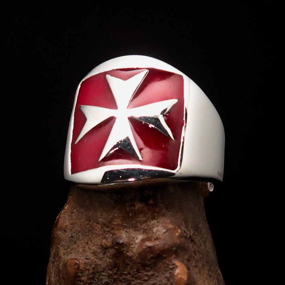 Excellent crafted Men's red Maltese Cross Biker Ring - Sterling Silver - BikeRing4u