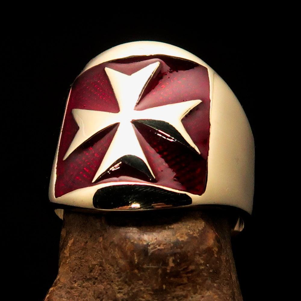 Excellent crafted Men's red Maltese Cross Biker Ring - solid Brass - BikeRing4u