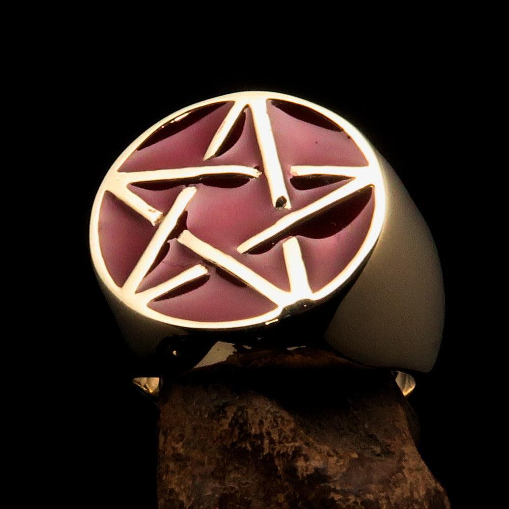Excellent crafted Men's Pinky Ring red Pentagram - Solid Brass - BikeRing4u