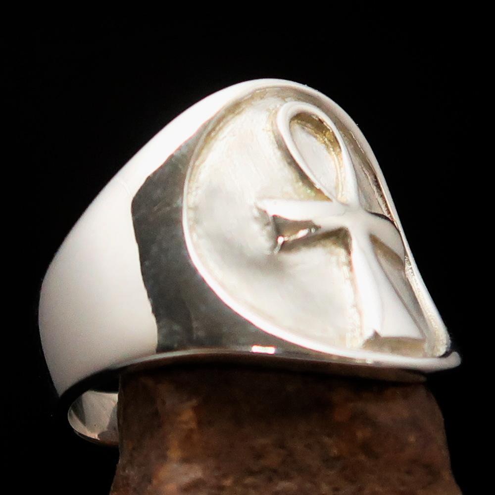 Excellent crafted two tone Men's big Egyptian Ankh Cross Ring - matte Sterling Silver - BikeRing4u