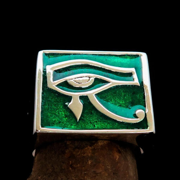 Men's Skull Ring Green Eye of Ra - Sterling Silver