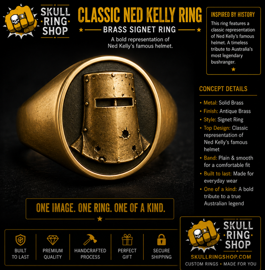 Ned Kelly helmet ring concept design in brass – Skull Ring Shop