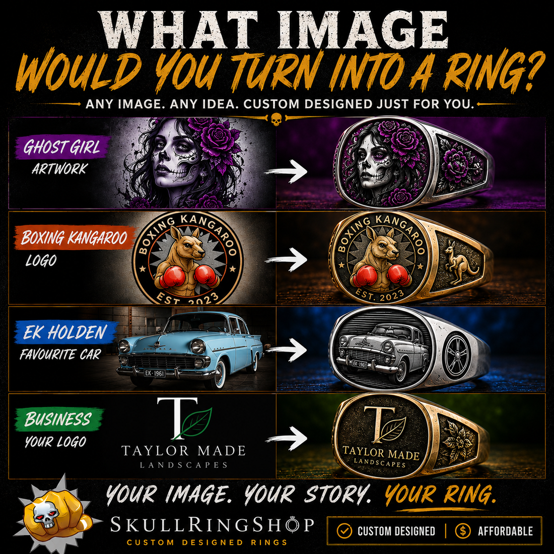 What image would you turn into a ring? Custom designed rings by Skull Ring Shop Australia — Ghost Girl, Boxing Kangaroo, EK Holden, business logo examples