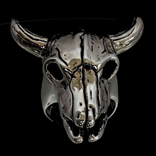 Excellent crafted Men's Bull Skull Cowboy Ring - Sterling Silver - BikeRing4u