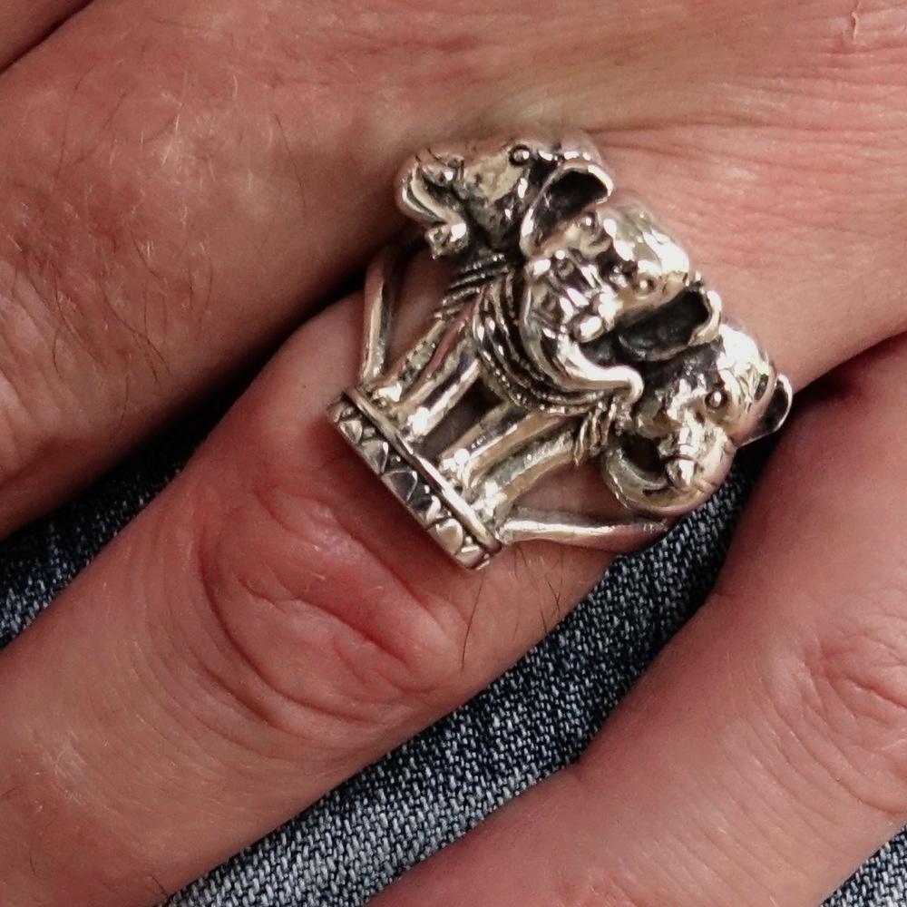 Sterling Silver Men's Ring ancient three headed Elephant - BikeRing4u