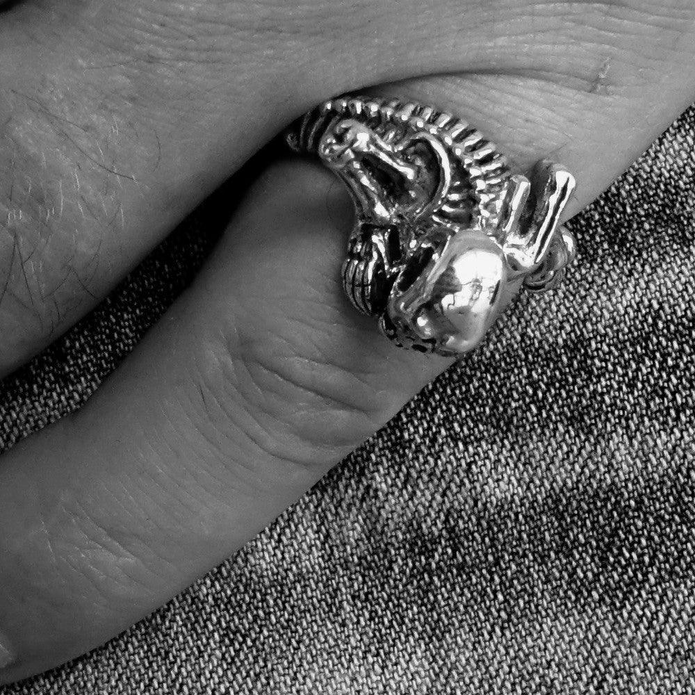 Men's Sterling Silver Band Ring Alien Skeleton Skull - BikeRing4u