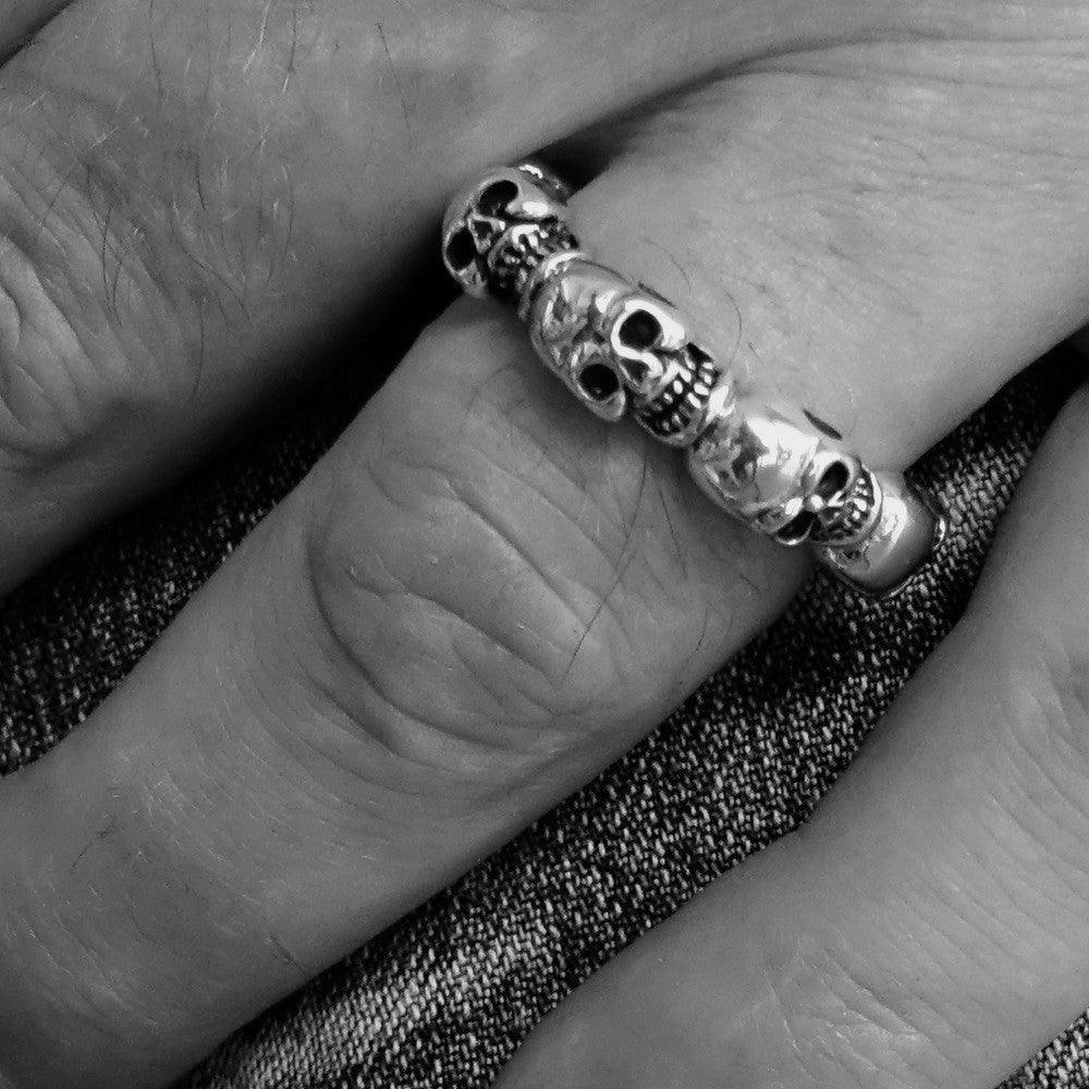 Men's Sterling Silver Band Ring 6 small Skulls with white CZ Eyes - BikeRing4u