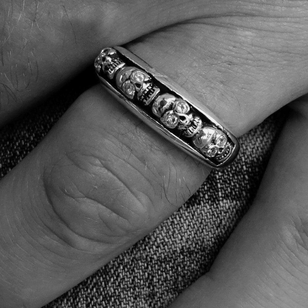 Men's Sterling Silver Band Ring 4 small Skulls - BikeRing4u