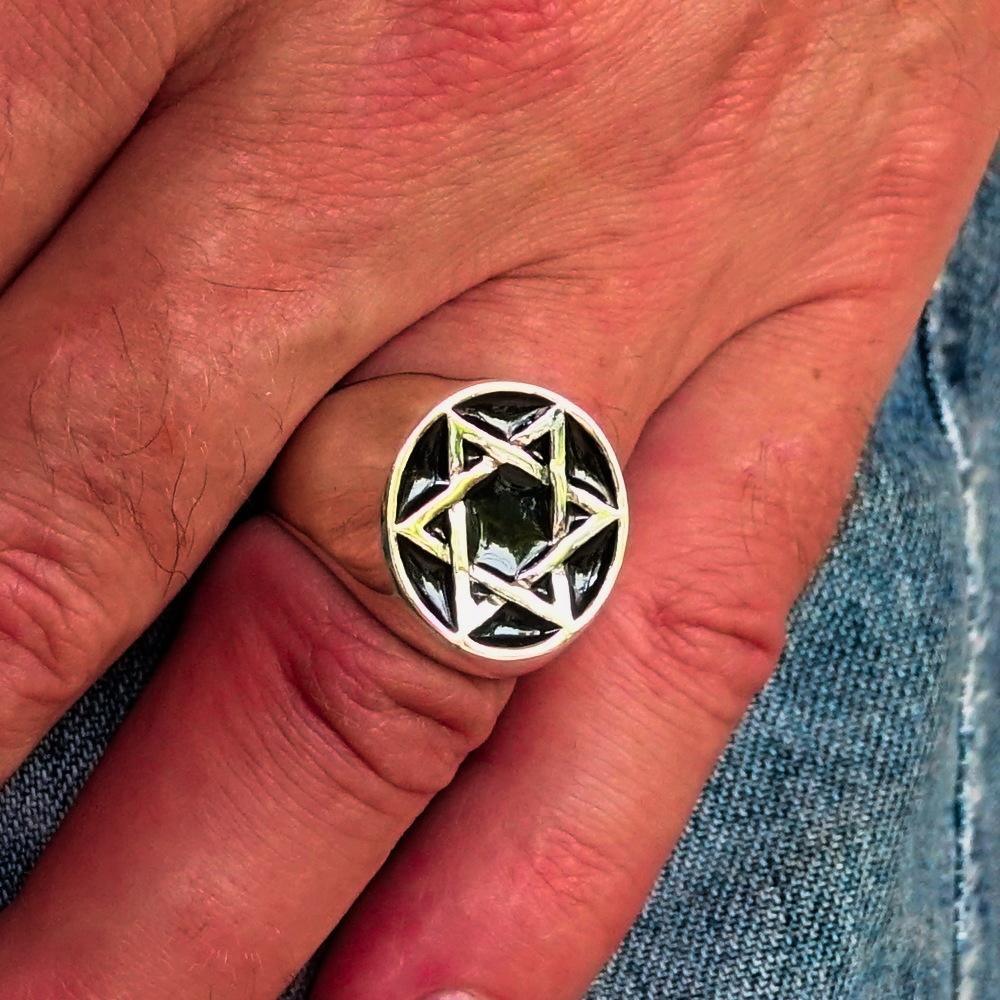 Excellent crafted Men's Pinky Ring Black Black Star of David - Sterling Silver - BikeRing4u