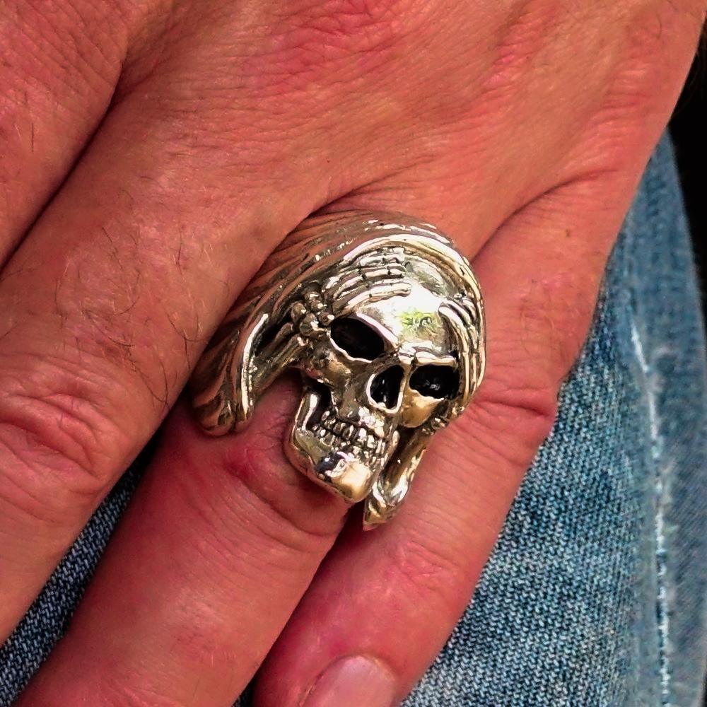 Excellent crafted Men's Grim Reaper Skull Ring Hear No Evil - Sterling Silver - BikeRing4u