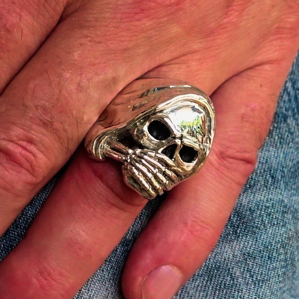Excellent crafted Men's Grim Reaper Skull Ring Speak No Evil - Sterling Silver - BikeRing4u