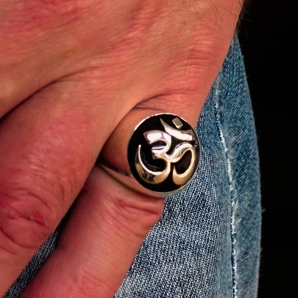 Nicely crafted domed Men's Buddhist Ring Black Aum Symbol - Sterling Silver - BikeRing4u
