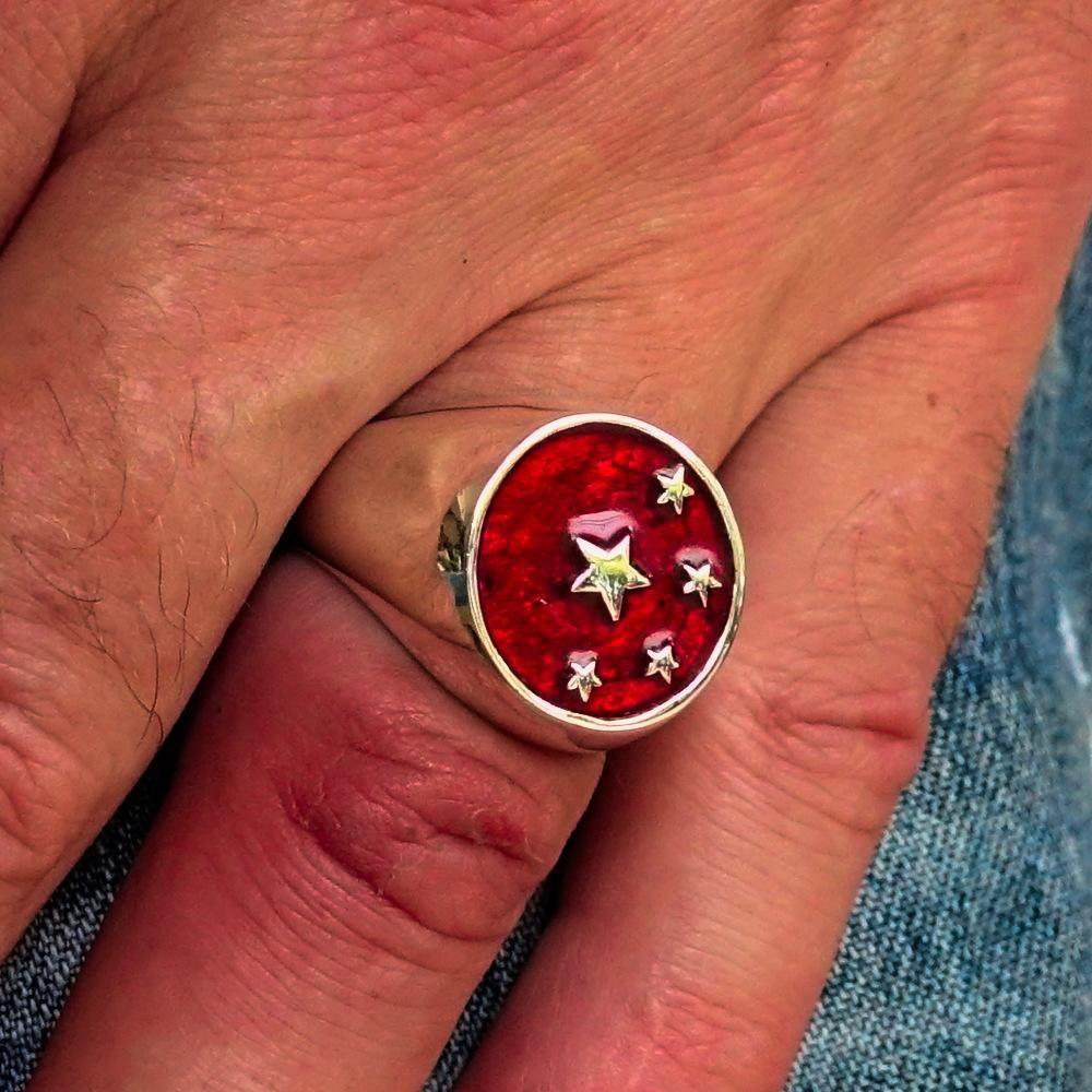 Perfectly crafted Men's Chinese Flag Ring Red - Sterling Silver - BikeRing4u