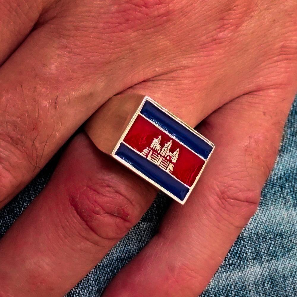Perfectly crafted Men's rectangle Flag Ring Cambodia - Sterling Silver - BikeRing4u