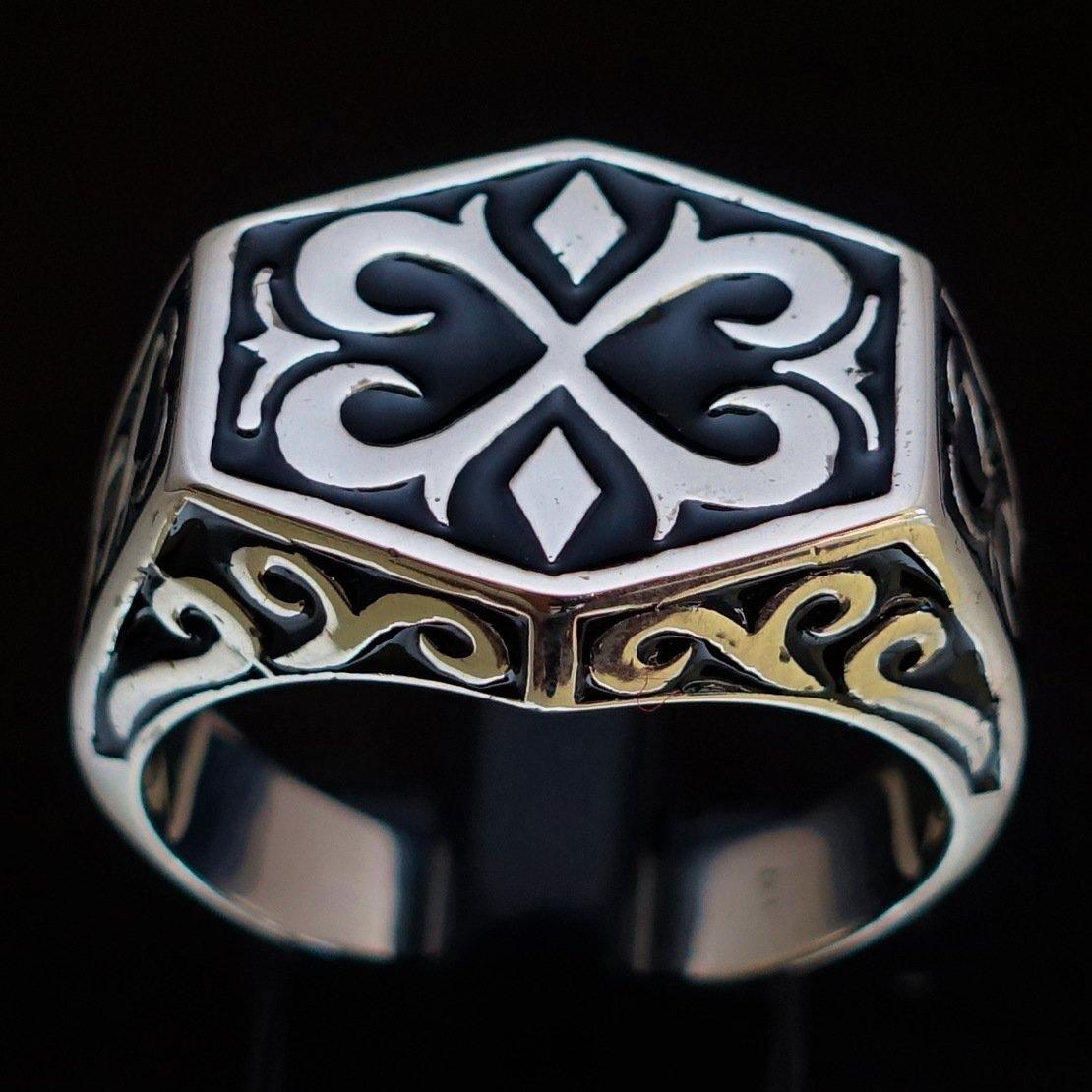 Excellent crafted Men's Medieval Ring Black Oriental Crest Sterling Silver 925 - BikeRing4u