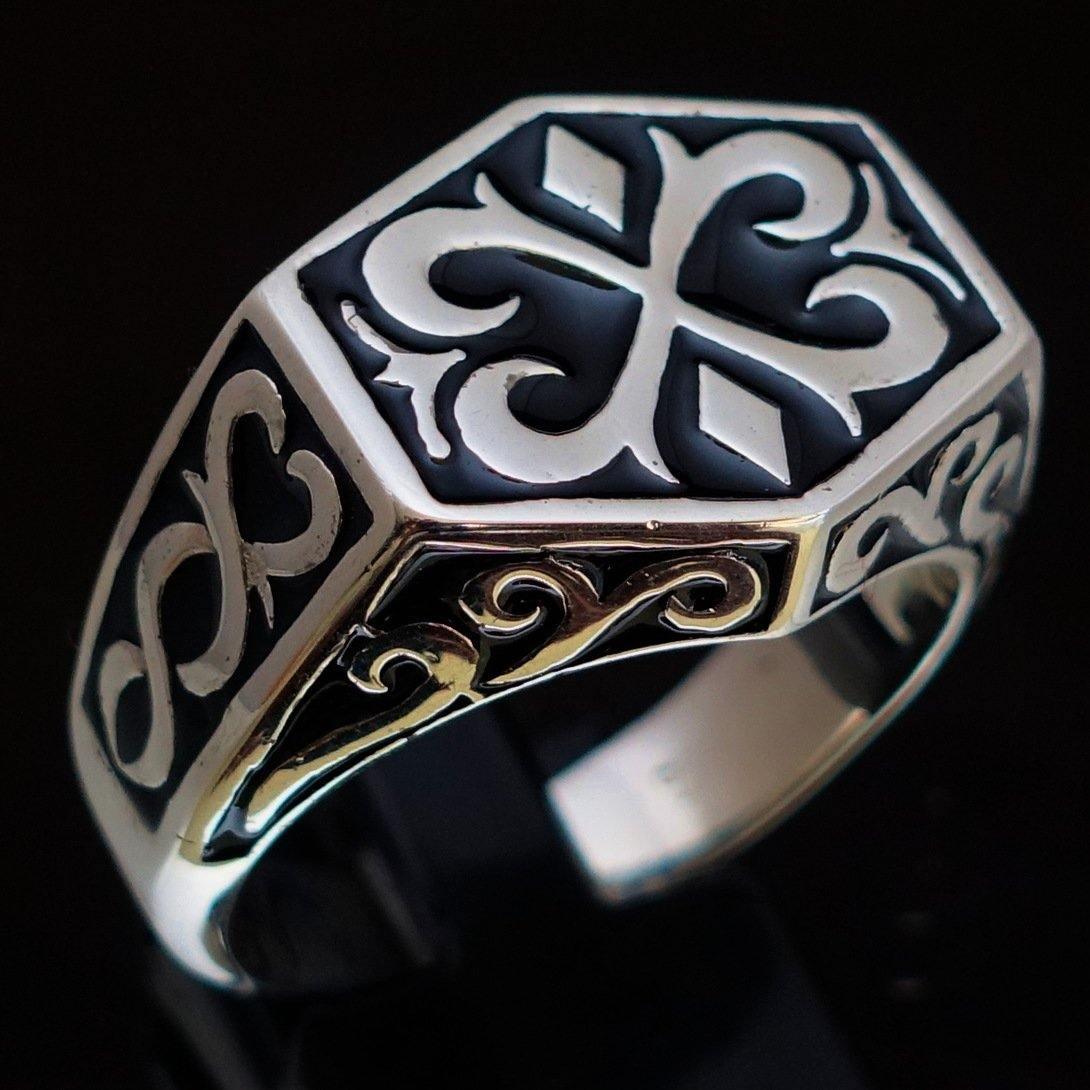 Excellent crafted Men's Medieval Ring Black Oriental Crest Sterling Silver 925 - BikeRing4u