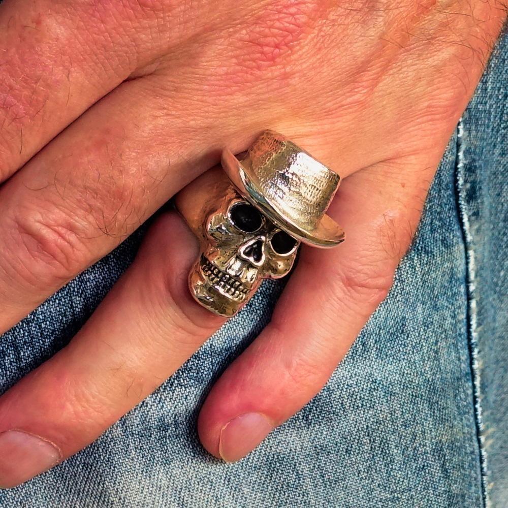 Excellent crafted Men's Sterling Silver Cowboy Skull Ring - BikeRing4u
