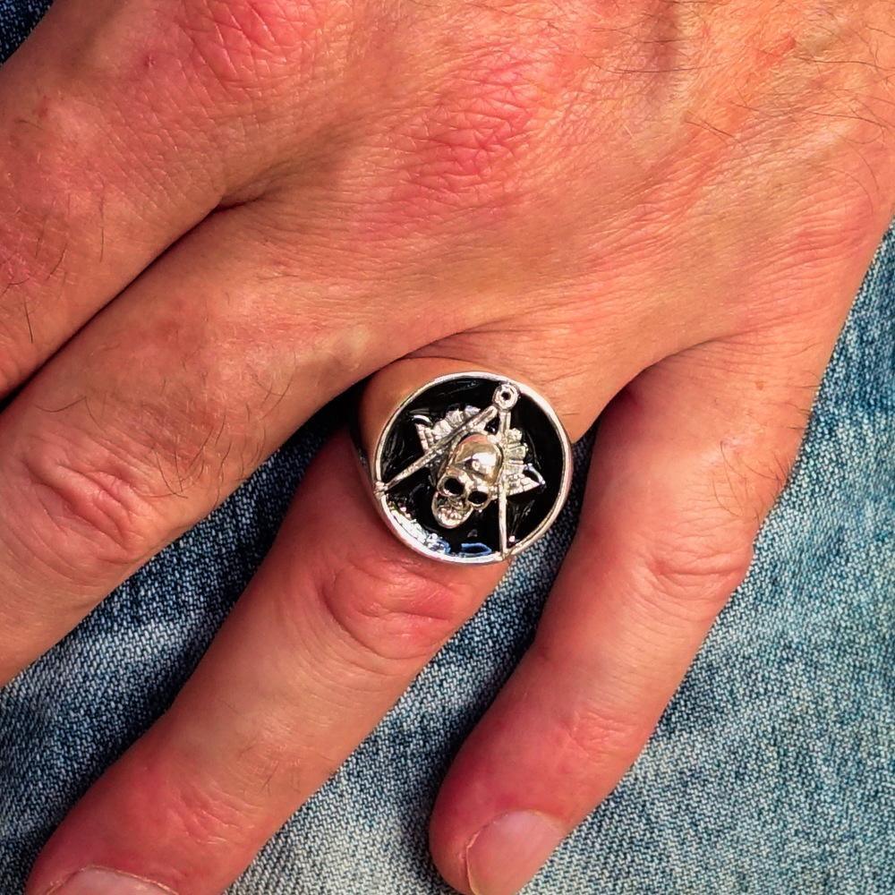 Perfectly crafted Men's Masonic Skull Ring Black - Sterling Silver - BikeRing4u