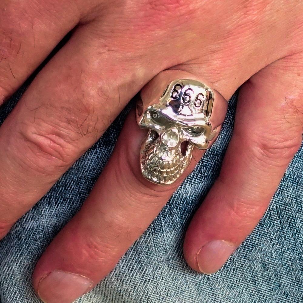 Excellent crafted Men's Devil Skull Ring 666 on Forehead - Sterling Silver - BikeRing4u