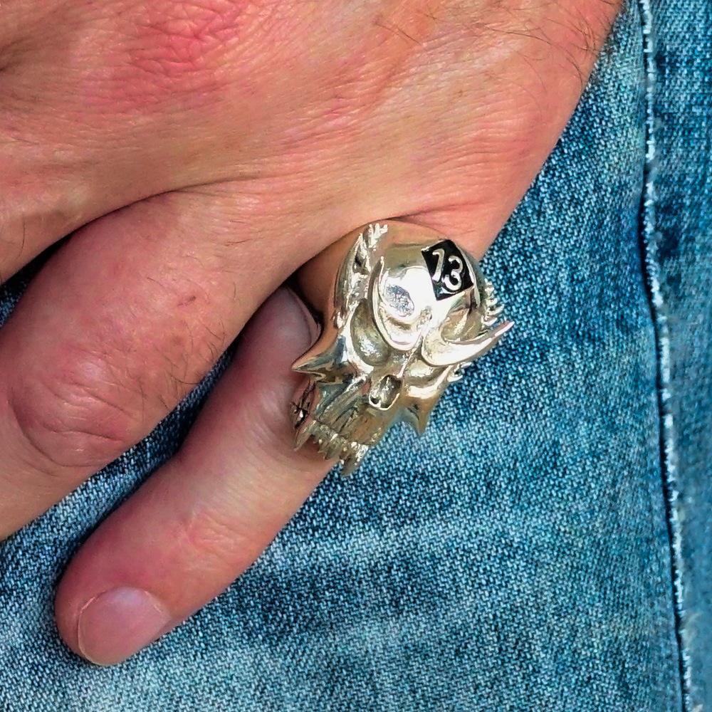 Excellent crafted Men's Vampire Skull Ring Black Diamond 13 - Sterling Silver 925 - BikeRing4u