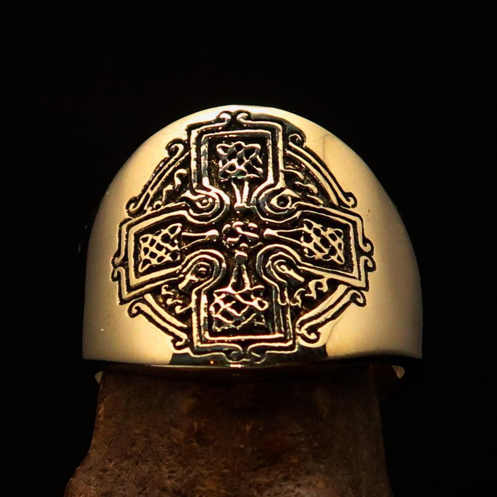 Excellent crafted Men's Celtic Runes Cross Pinky Ring - antiqued Brass - BikeRing4u
