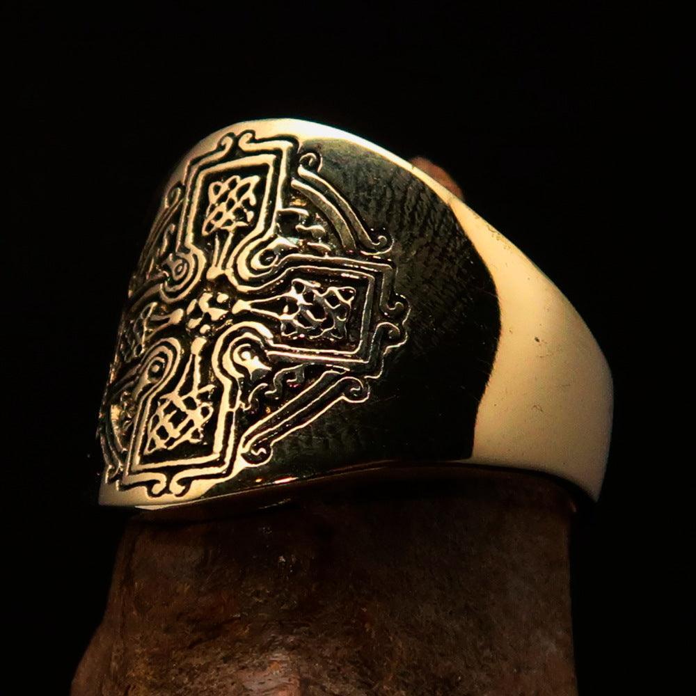 Excellent crafted Men's Celtic Runes Cross Pinky Ring - antiqued Brass - BikeRing4u
