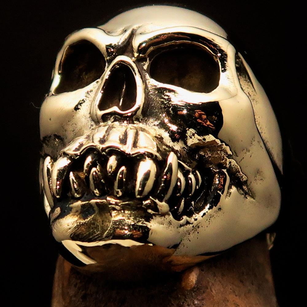Excellent crafted Men's Zombie Fang Skull Ring - Antiqued Brass - BikeRing4u