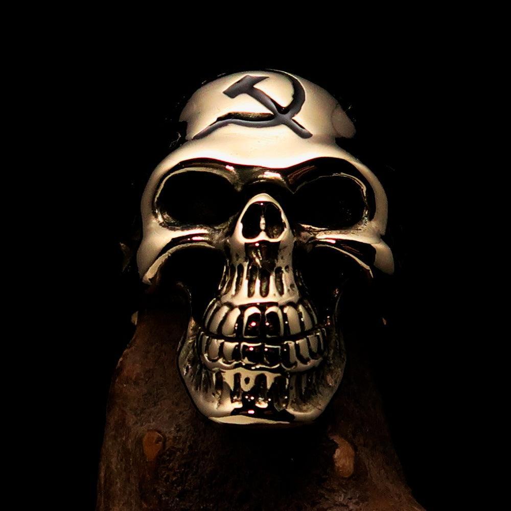 Excellent crafted Men's Communist Skull Ring black Hammer Sickle - solid Brass - BikeRing4u