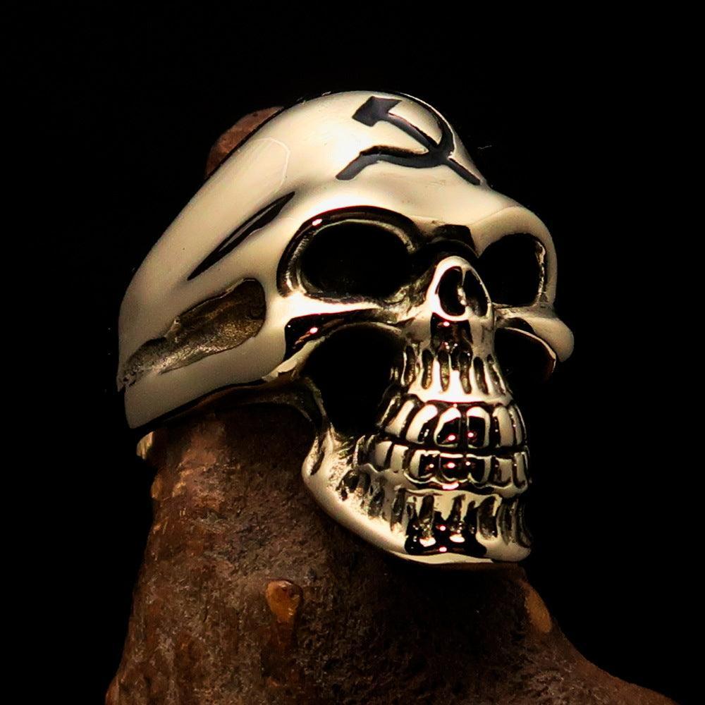 Excellent crafted Men's Communist Skull Ring black Hammer Sickle - solid Brass - BikeRing4u