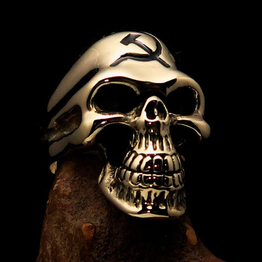Excellent crafted Men's Communist Skull Ring black Hammer Sickle - solid Brass - BikeRing4u