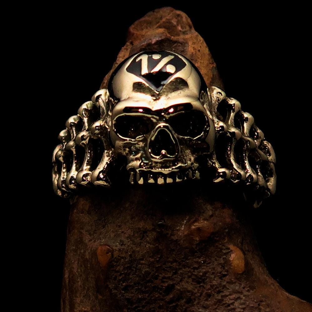Excellent crafted Men's black 1% Outlaw Biker Skull and Bones Ring - solid Brass - BikeRing4u