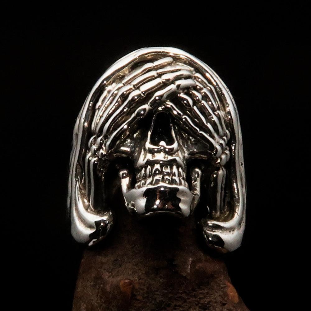 Excellent crafted Men's Grim Reaper Skull Ring See No Evil - Sterling Silver - BikeRing4u