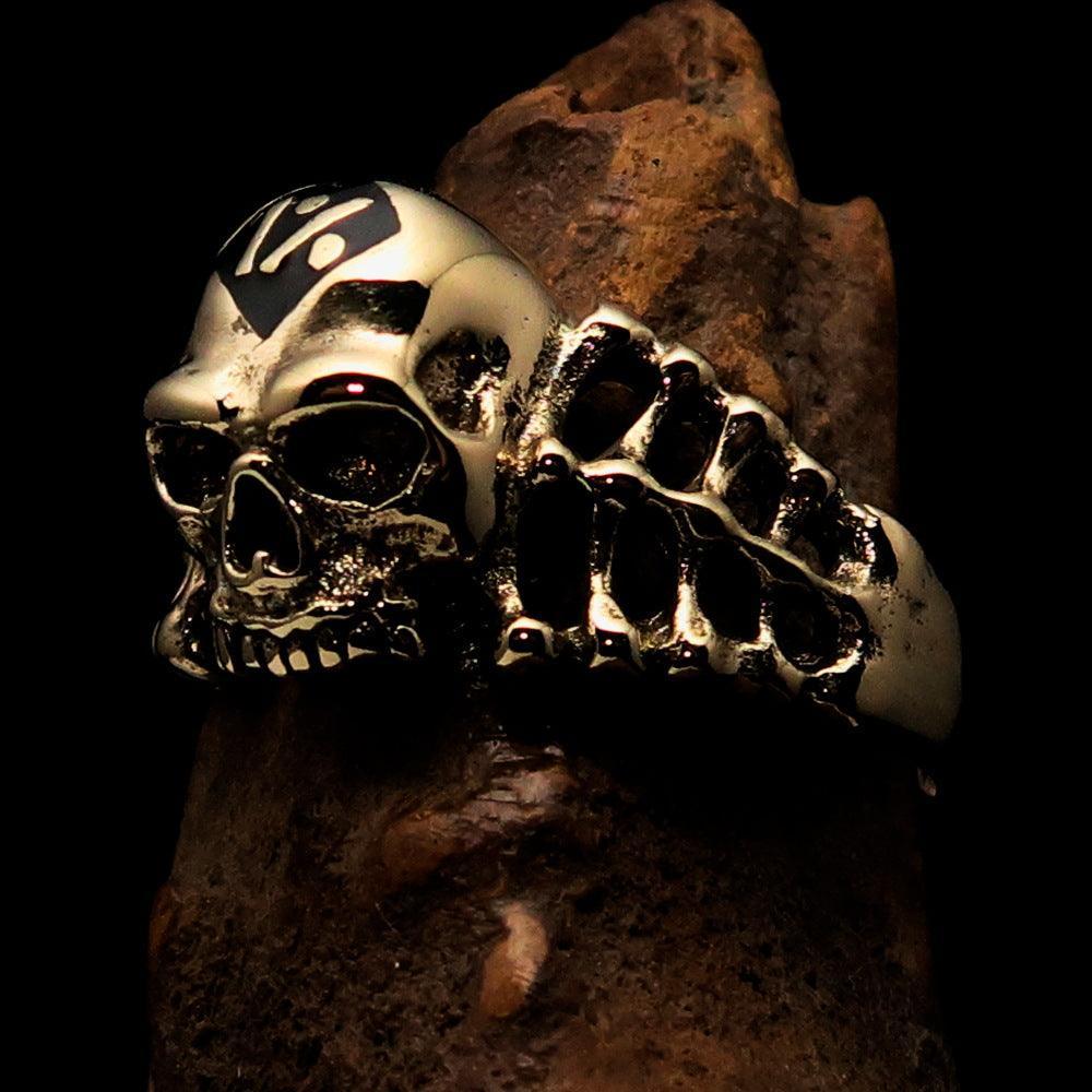 Excellent crafted Men's black 1% Outlaw Biker Skull and Bones Ring - solid Brass - BikeRing4u