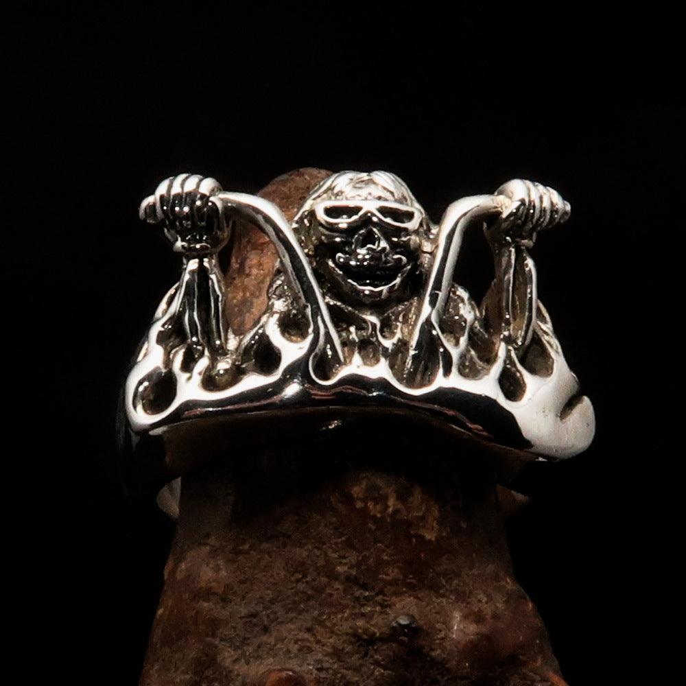 Men's Outlaw Ring Biker on Chopper - antiqued Sterling Silver - BikeRing4u