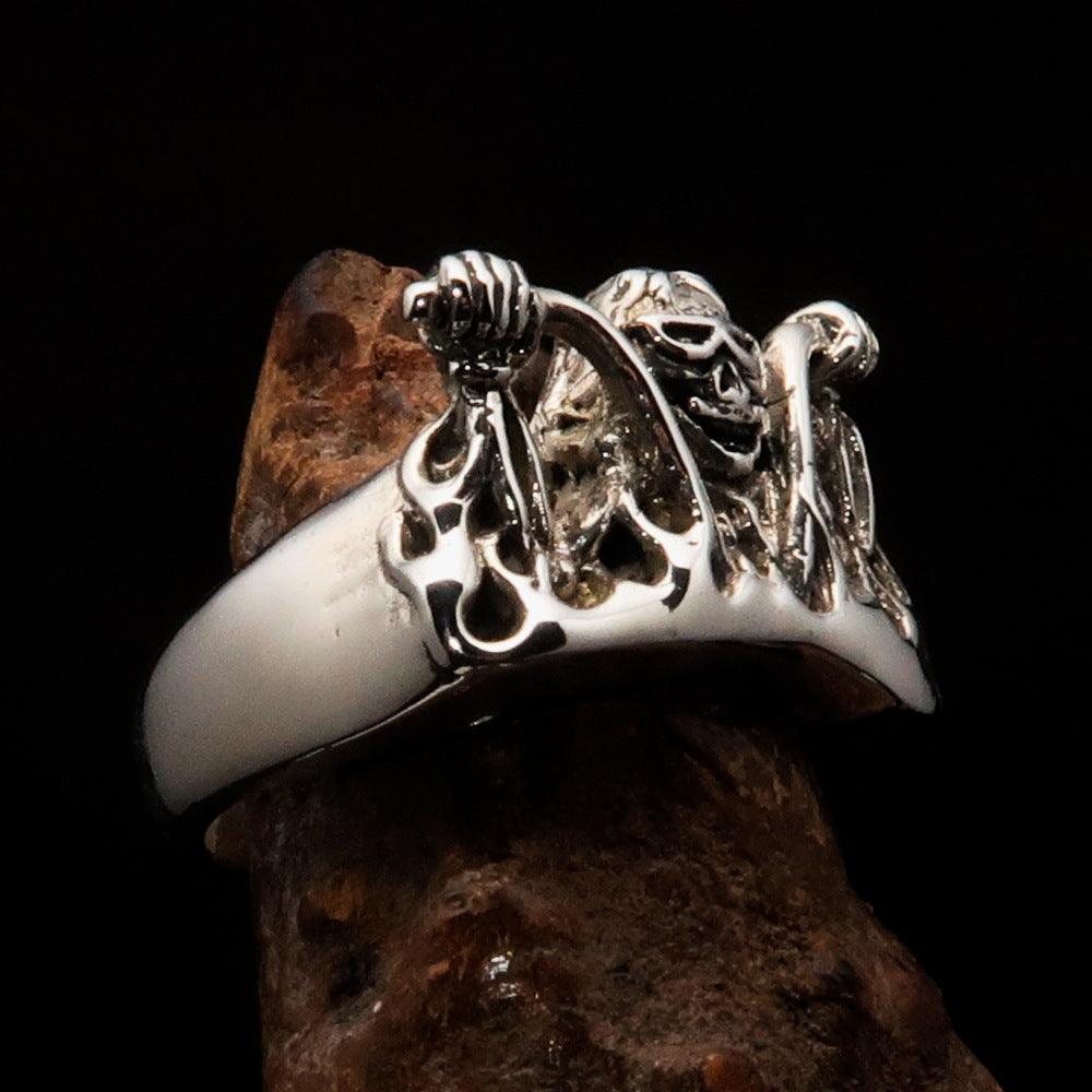 Men's Outlaw Ring Biker on Chopper - antiqued Sterling Silver - BikeRing4u
