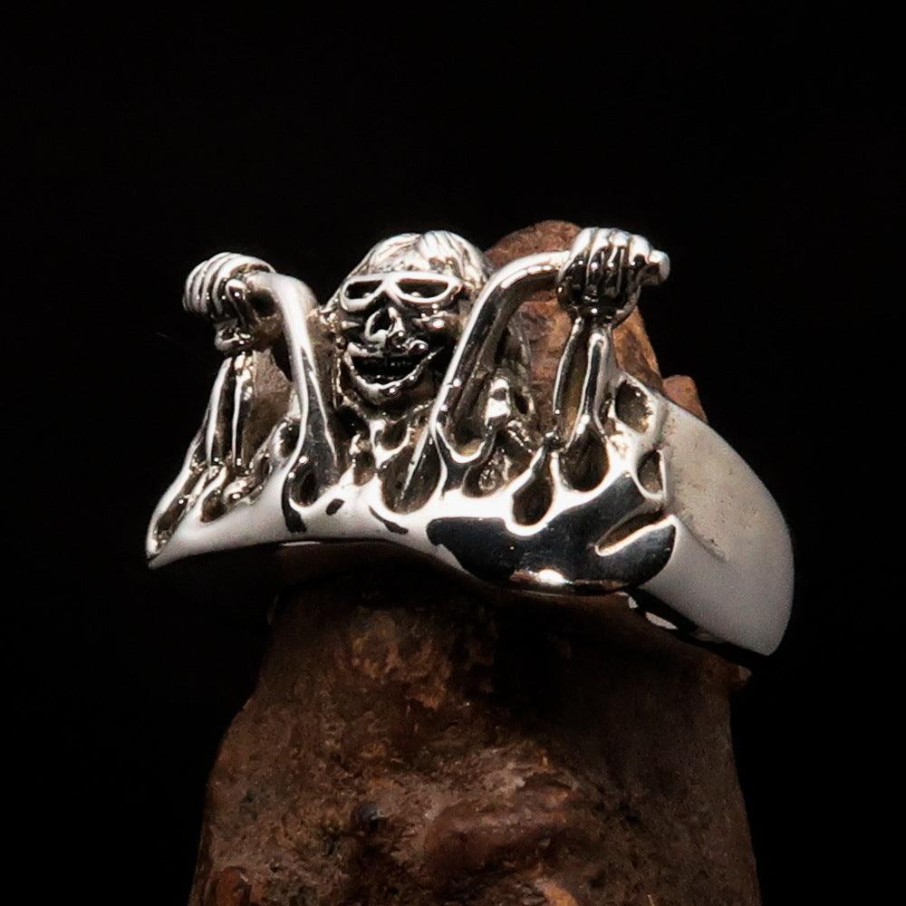 Men's Outlaw Ring Biker on Chopper - antiqued Sterling Silver - BikeRing4u