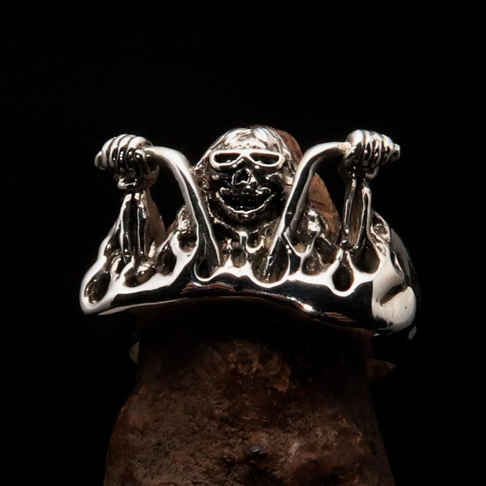Men's Outlaw Ring Biker on Chopper - antiqued Sterling Silver - BikeRing4u