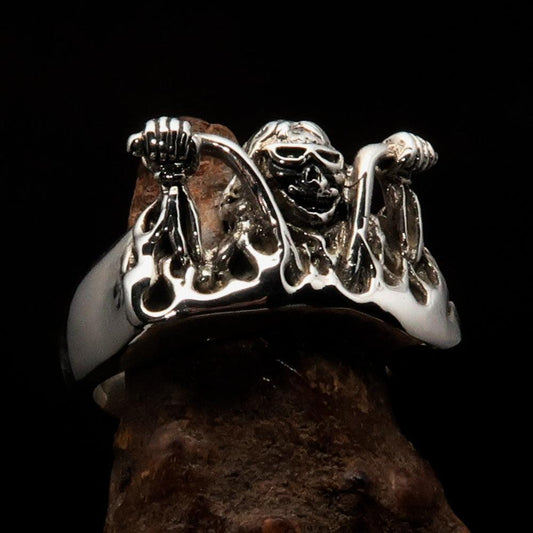 Men's Outlaw Ring Biker on Chopper - antiqued Sterling Silver - BikeRing4u