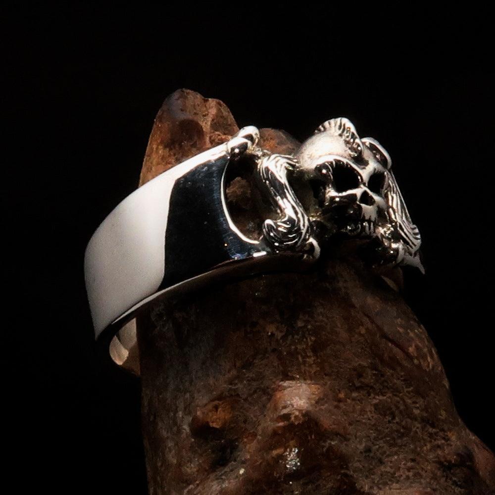 Excellent crafted Pony Tail Girly Skull Ring - antiqued Sterling Silver - BikeRing4u