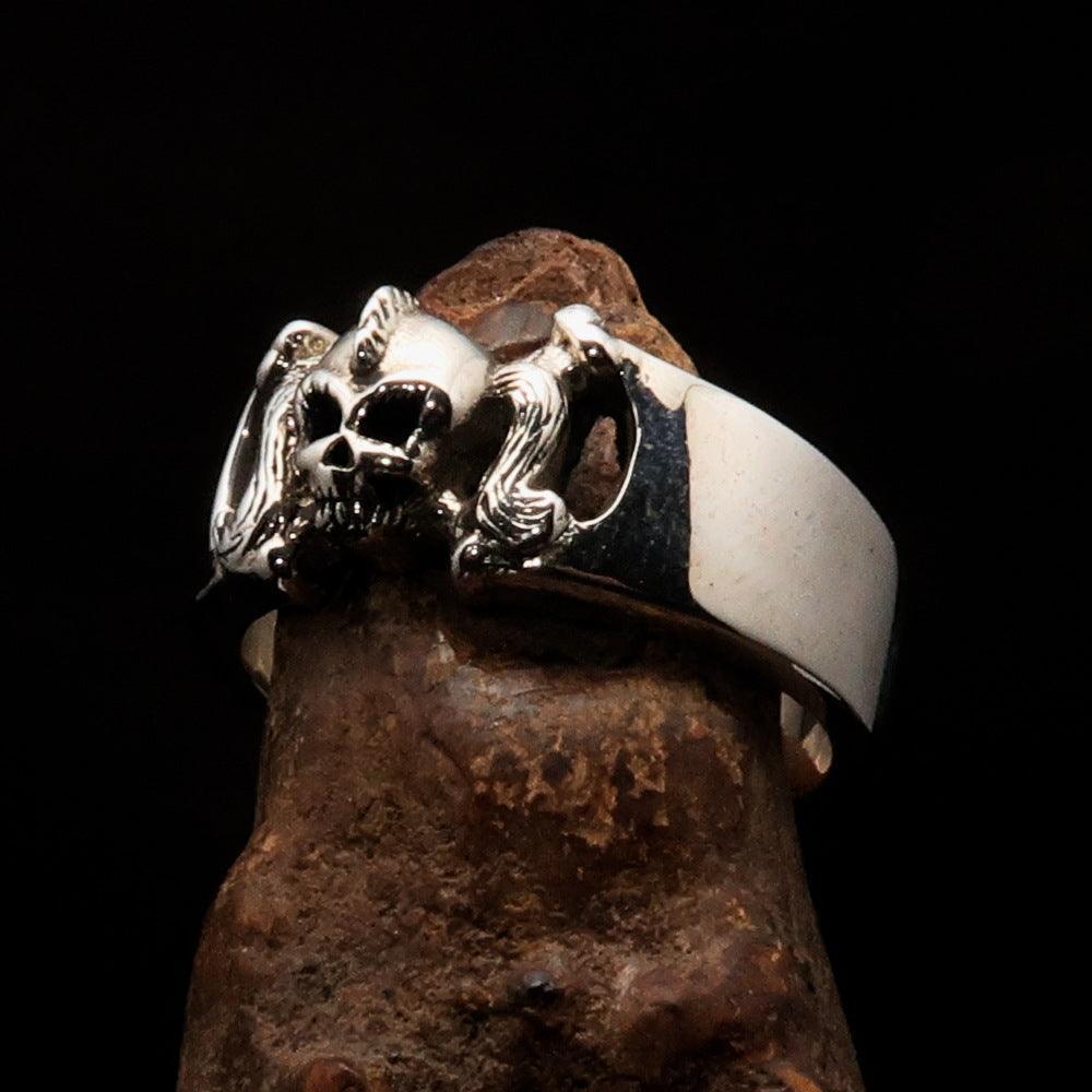 Excellent crafted Pony Tail Girly Skull Ring - antiqued Sterling Silver - BikeRing4u