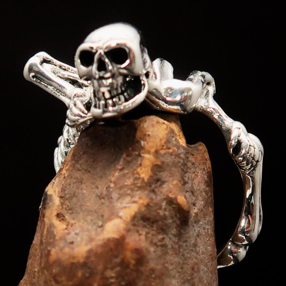 Men's Sterling Silver Band Ring Alien Skeleton Skull - BikeRing4u