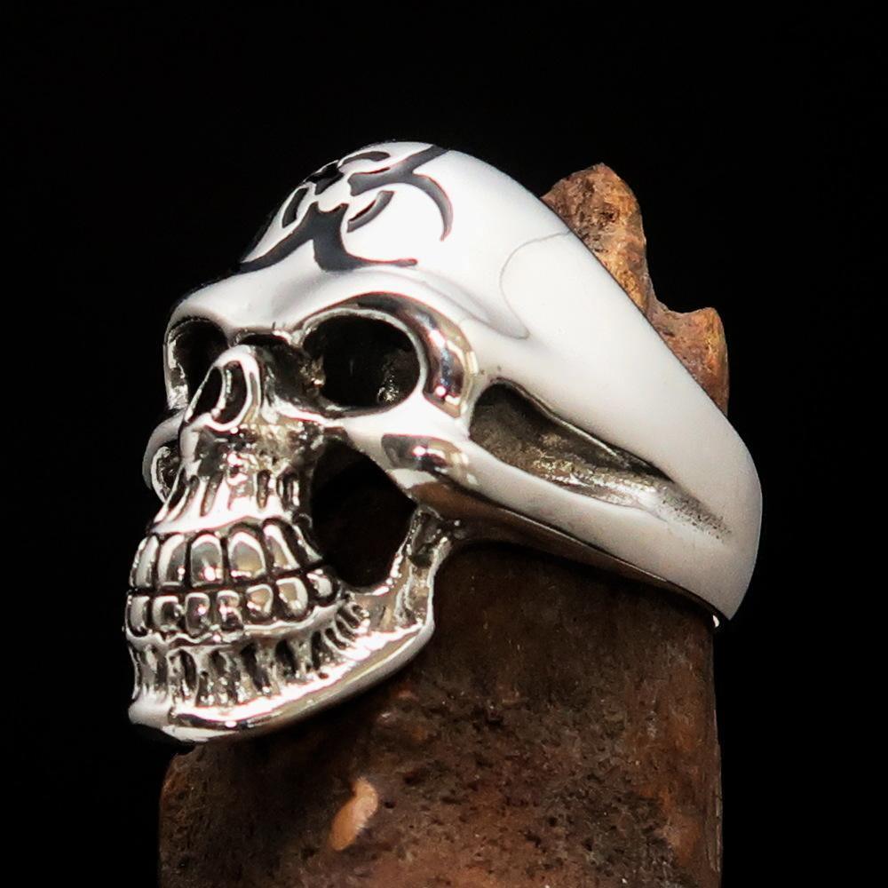 Excellent crafted Men's Gamer Ring Black Biohazard Skull - Sterling Silver 925 - BikeRing4u