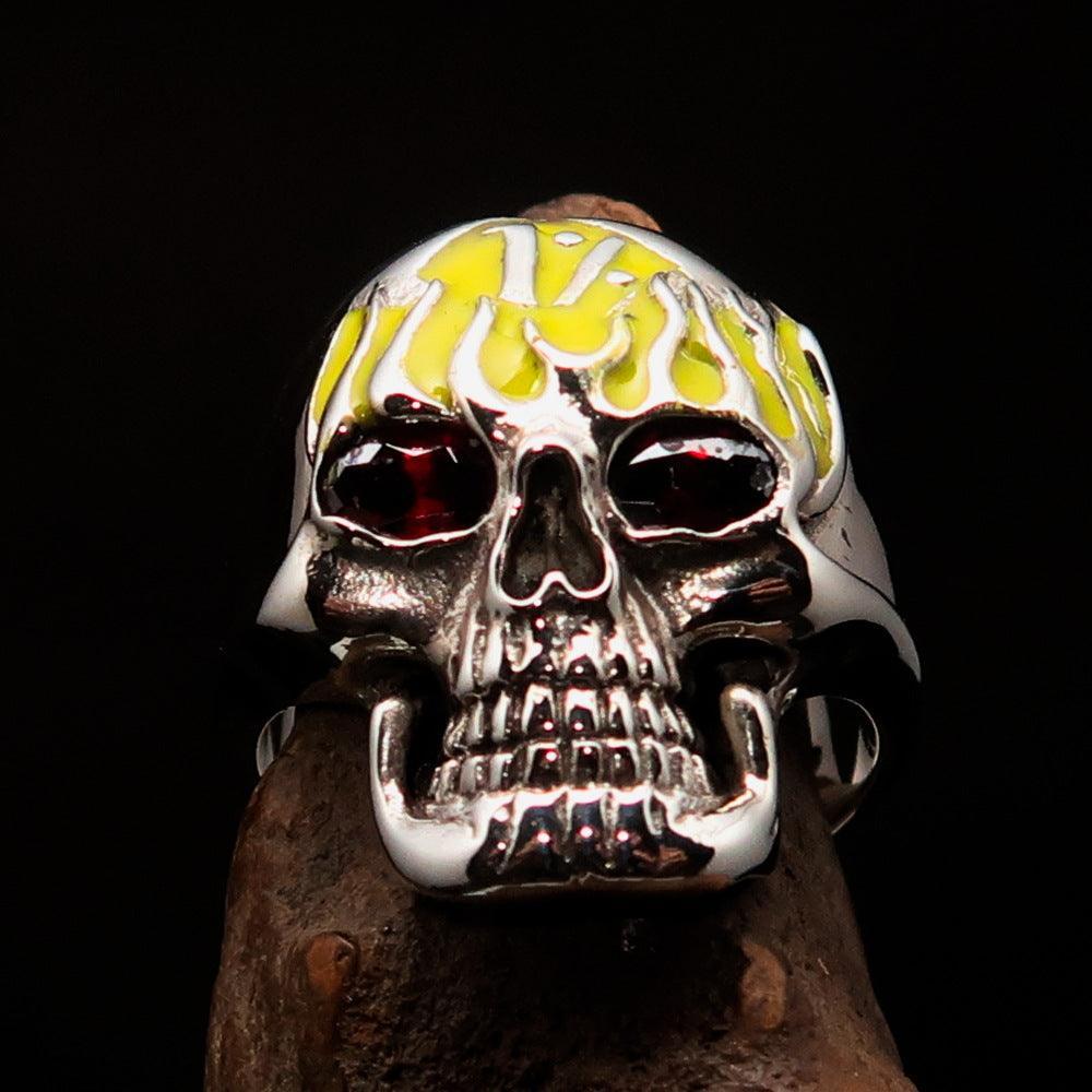 Excellent crafted Men's yellow 1% Flaming Skull Outlaw Ring red CZ Eyes - Sterling Silver - BikeRing4u