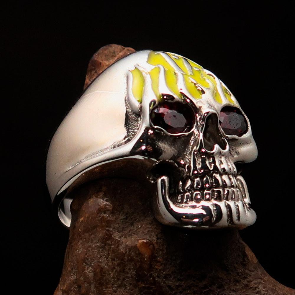 Excellent crafted Men's yellow 1% Flaming Skull Outlaw Ring red CZ Eyes - Sterling Silver - BikeRing4u